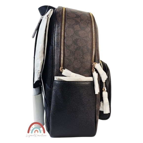 New! Coach Large Court Backpack in Signature Canvas Leather Gold Brown Black main image 11